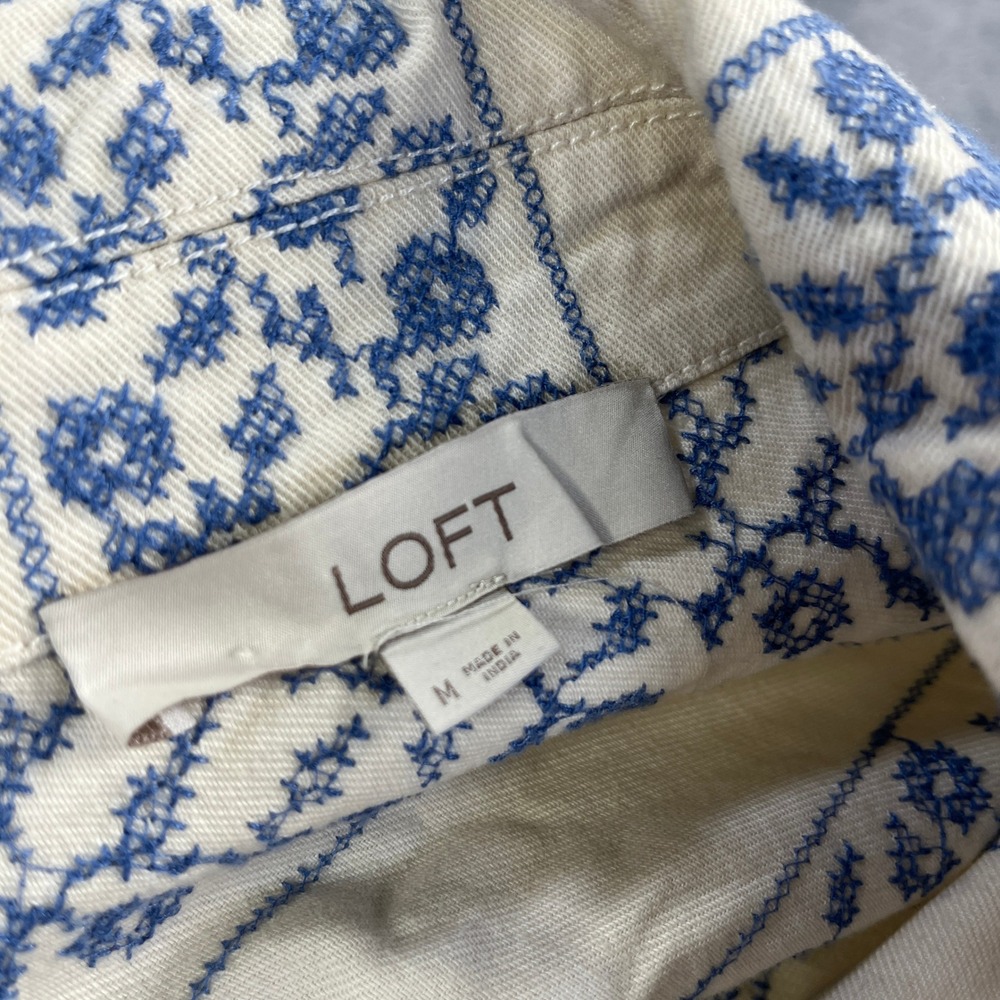 LOFT Embroidered Floral Utility Jacket Womens Medium Cream Blue Cotton Excellent - Picture 4 of 11